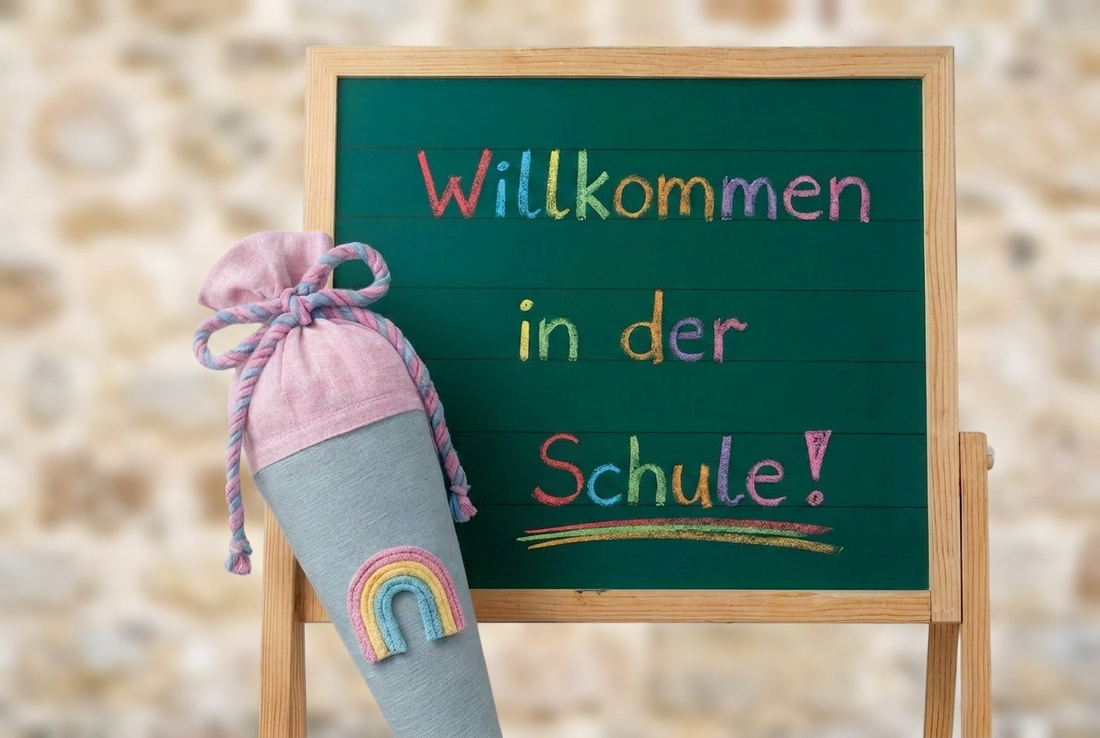 Ideen Einschulungsfeier: Schultüte vor Tafel mit Aufschrift "Willkommen in der Schule!"