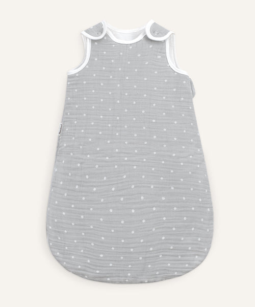 Ehrenkind Musselin Babyschlafsack Grau weiße Punkte.