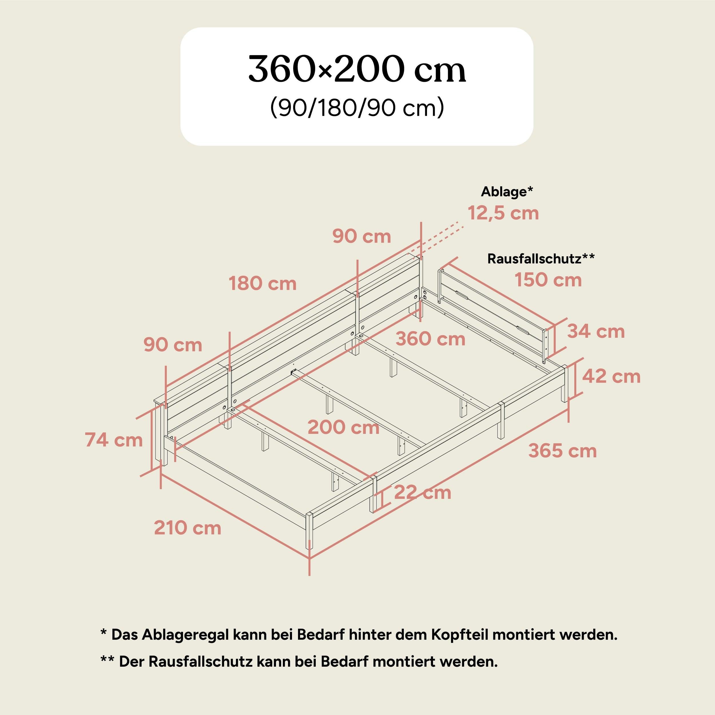 Familienbett | Birke Transparent | 360x200 (90/180/90) | Standard