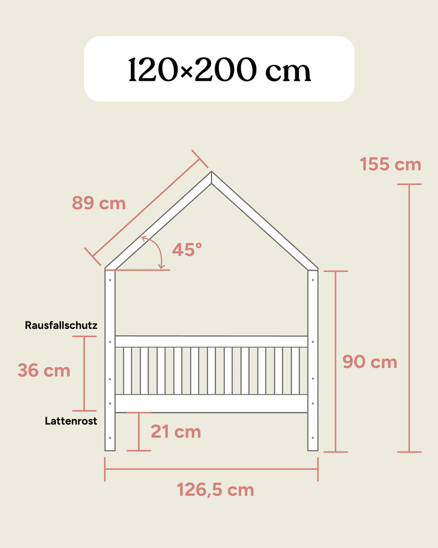 Größengrafik Hausbett Buche 120x200 cm Seitenansicht.