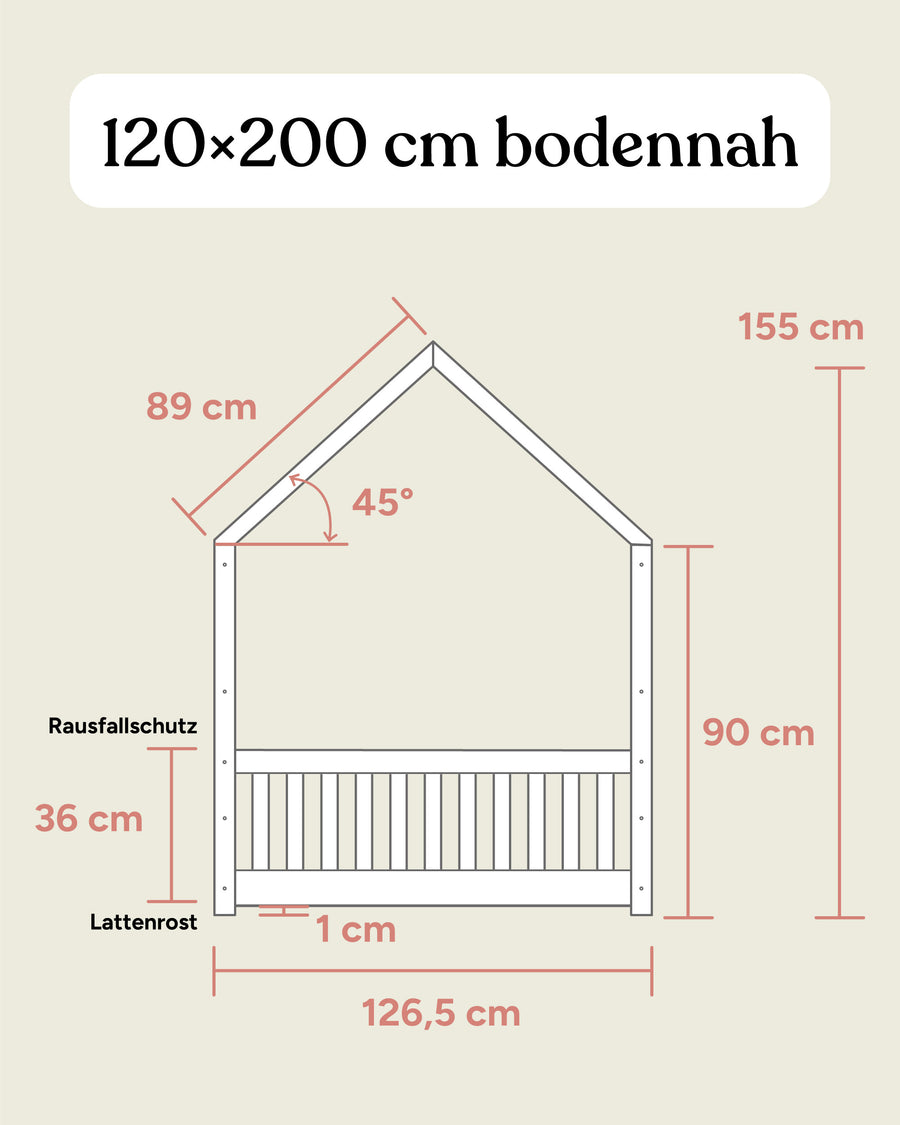 Größengrafik Hausbett Buche 120x200 cm Seitenansicht bodennah.