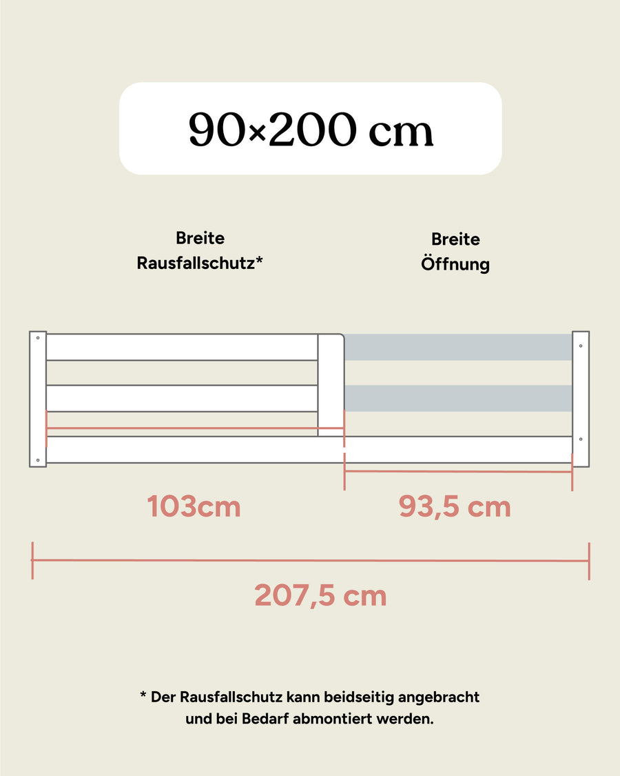 Bodenbett Sona 90x200 Maße Seitenansicht.