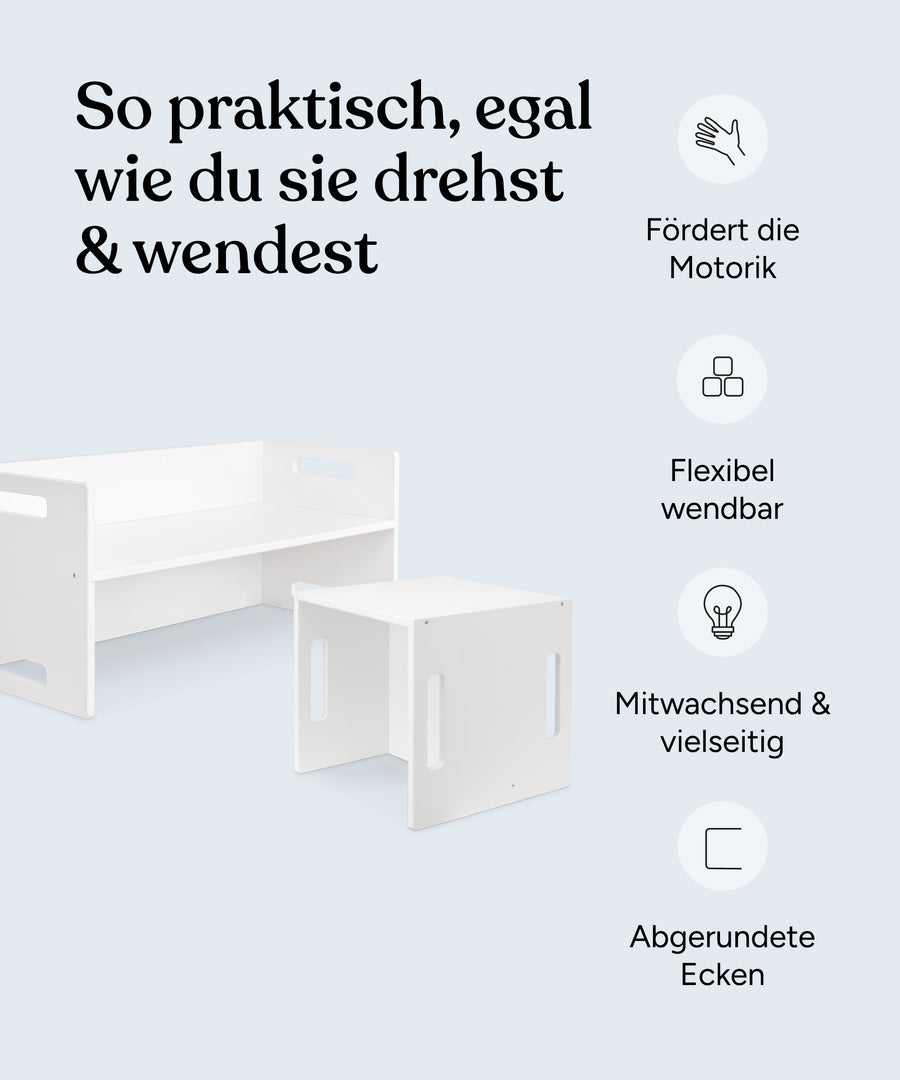 Vorteile Hocker und Bank weiß: Fördert die Motorik, flexibel anwendbar, mitwachsend und vielseitig, abgerundete Ecken.