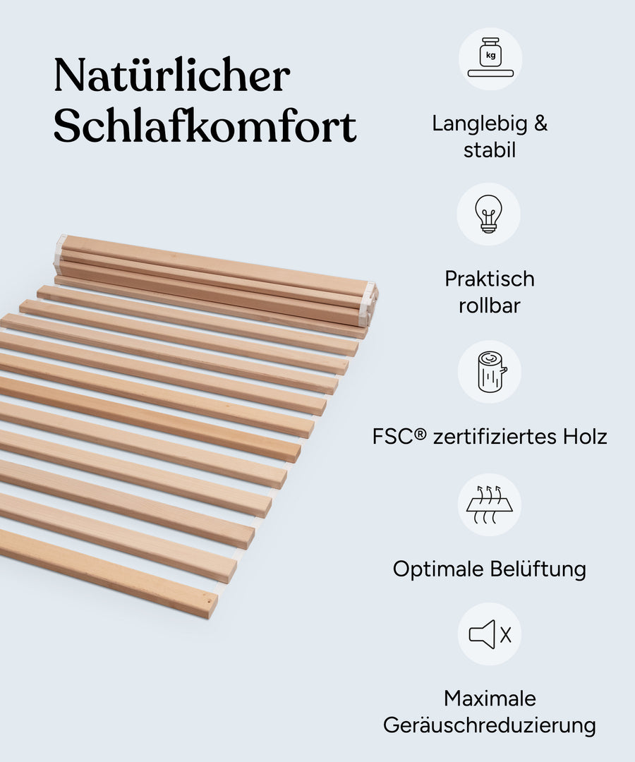 Vorteile Rollrost: Langlebig & stabil, praktisch rollbar, optimale Belüftung, hochwertiges Buchenholz.