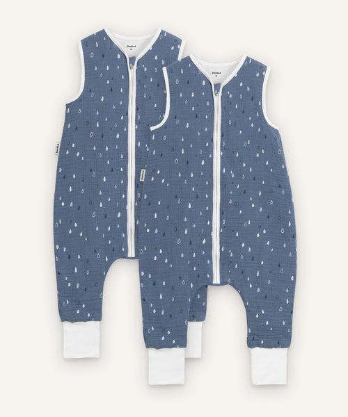 2er Bundle Ehrenkind Schlafsack Musselin mit Beinen in jeansblau mit weiß, blauen Tropfen.