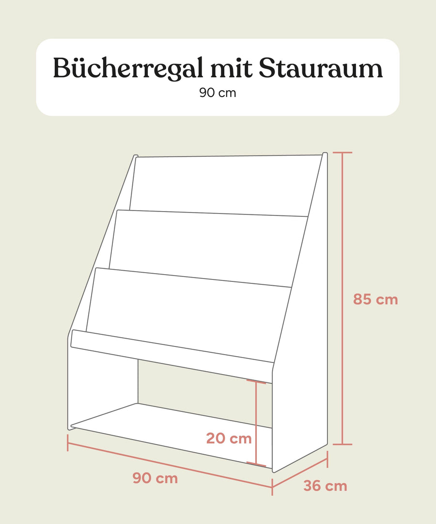 Größengrafik Bücherregal mit Stauraum.