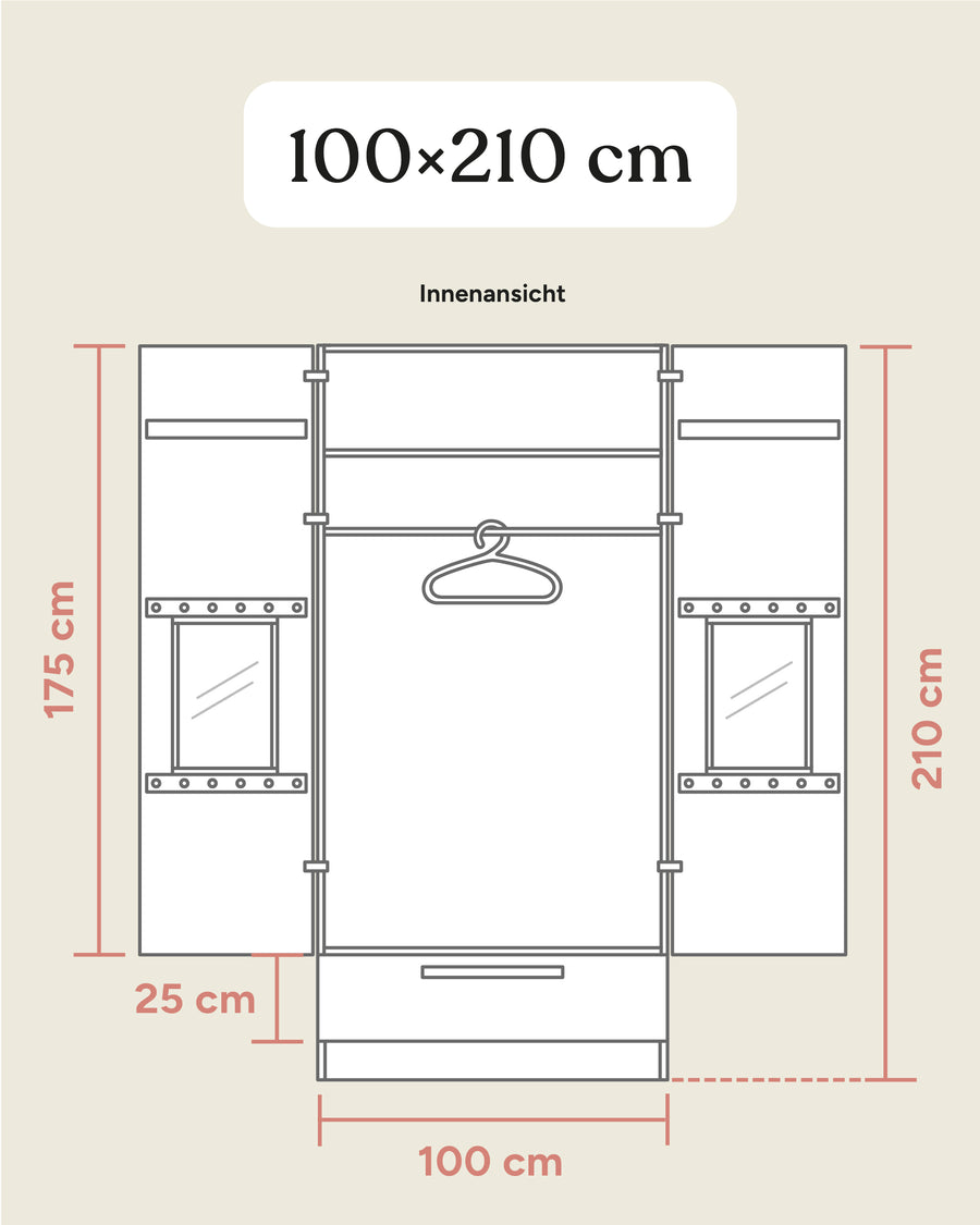 Größengrafik Kleiderschrank Linia mit Schublade 100x210 cm.
