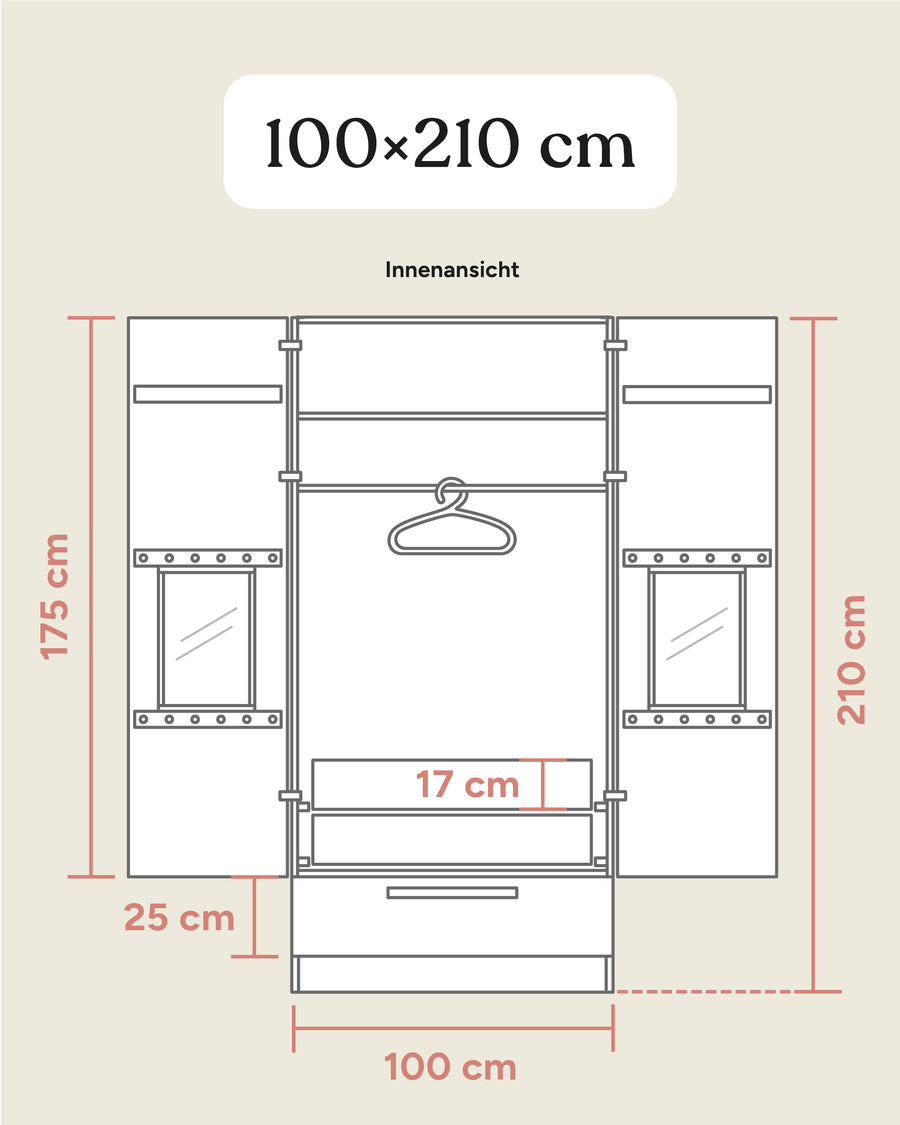 Größengrafik Kleiderschrank Linia mit Schublade und Innenschublade 100x210 cm.