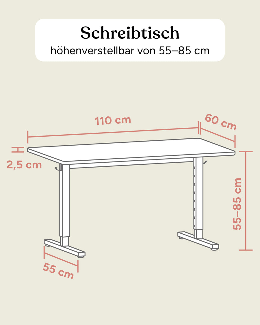 Größengrafik höhenverstellbarer Schreibtisch.