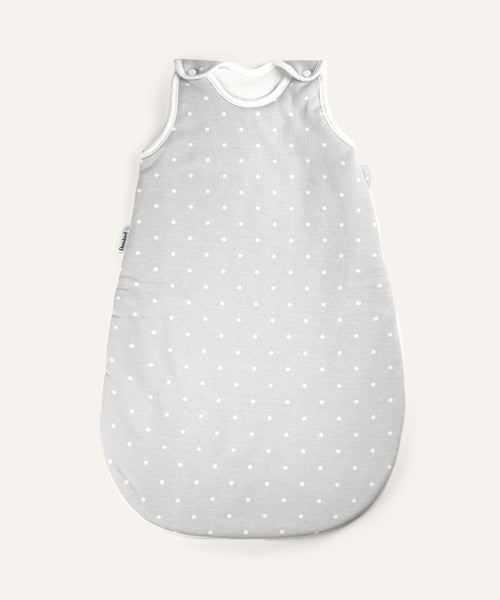 Baby-Schlafsack ganzjährig rund Grau weiße Punkte.