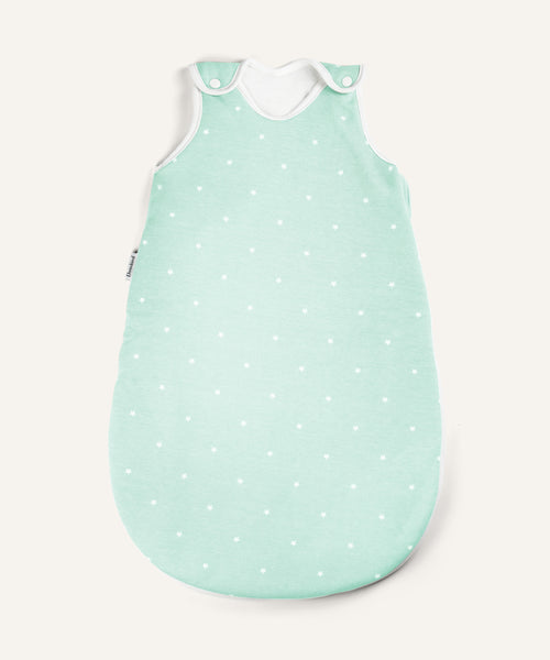 Baby-Schlafsack ganzjährig rund Mint weiße Sterne.