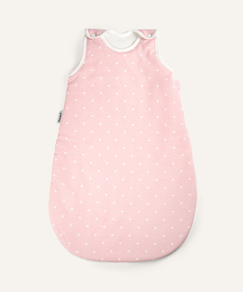 Baby-Schlafsack ganzjährig rund Rosa weiße Punkte.