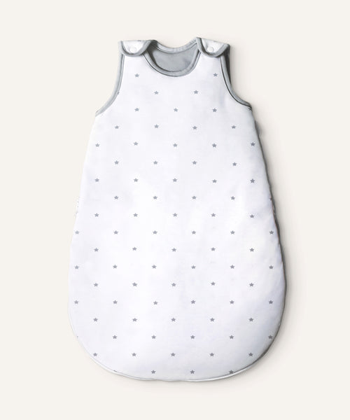Baby-Schlafsack ganzjährig rund Weiß graue Sterne.
