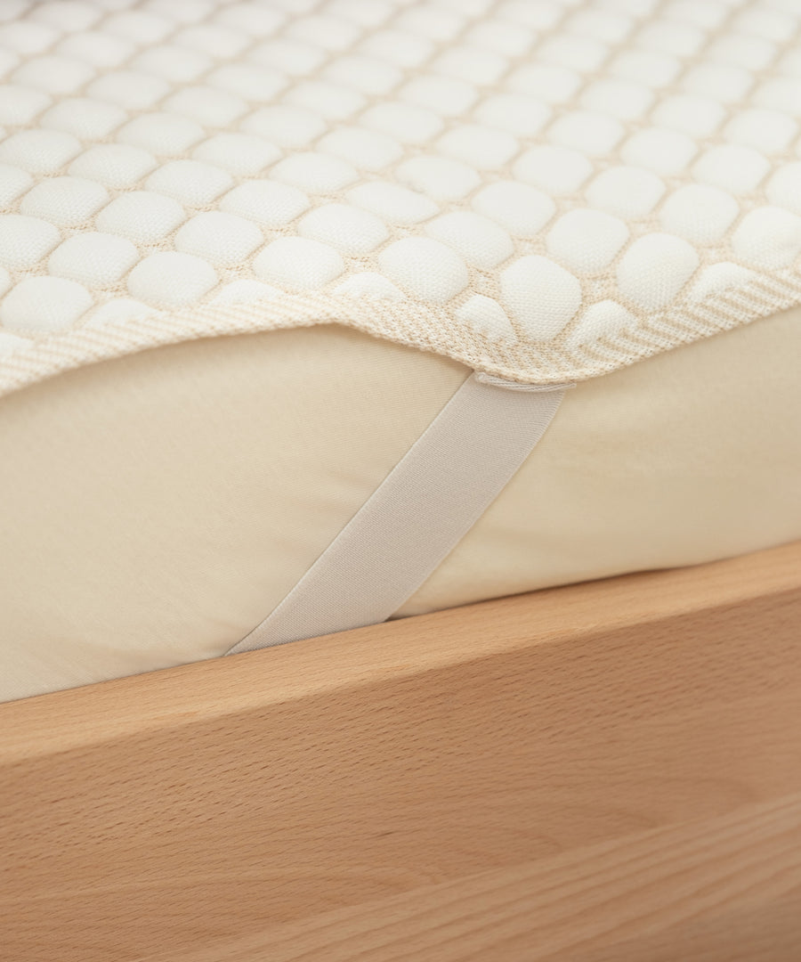 Detailaufnahme kühlende Matratzenauflage mit Eckgummis.