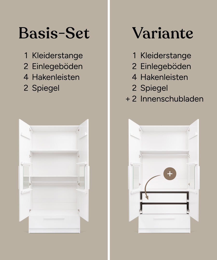 Die Grafik vergleicht das Basis-Set, das aus zwei Böden, einer Kleiderstange, vier Hakenleisten und zwei Spiegel besteht, mit der Variante, die aus dem Basis-Set plus zwei Innenschubladen besteht.