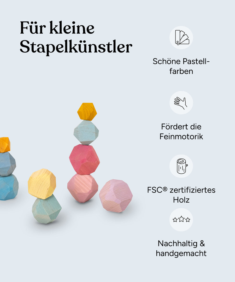 Vorteile der Balanciersteine: Schöne Pastellfarben, fördern die Feinmotorik, hochwertiges Holz, nachhaltig und handgemacht.