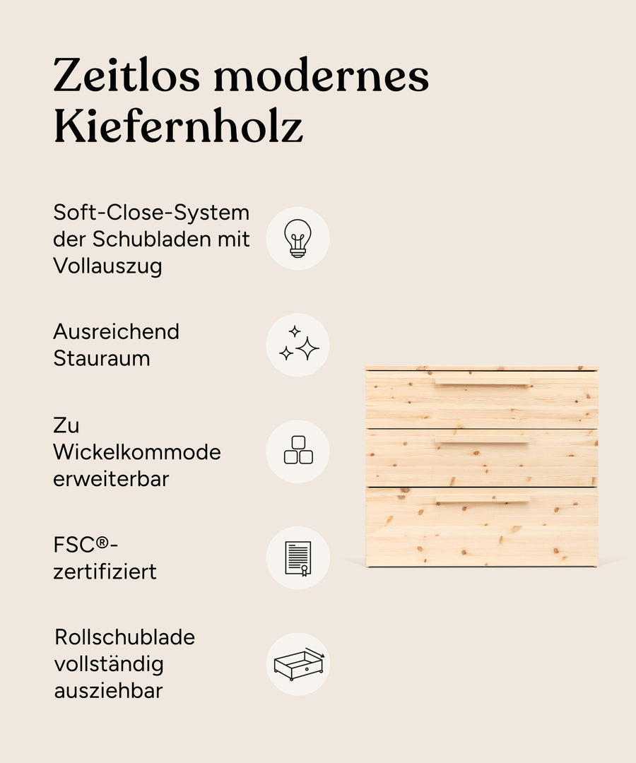 Vorteile Kommode Linia Kiefer mit Rollschublade.