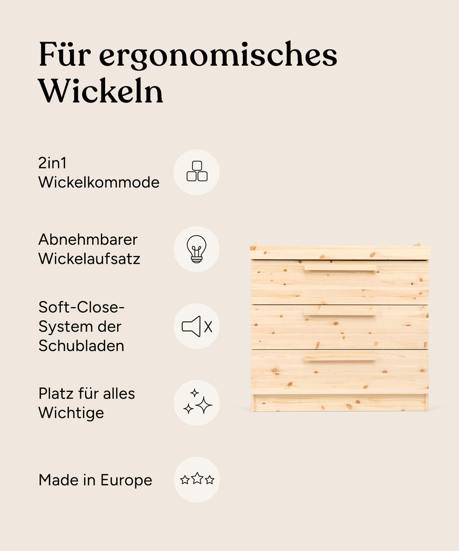 Vorteile Wickelkommode Linia Kiefer mit drei Schubladen.