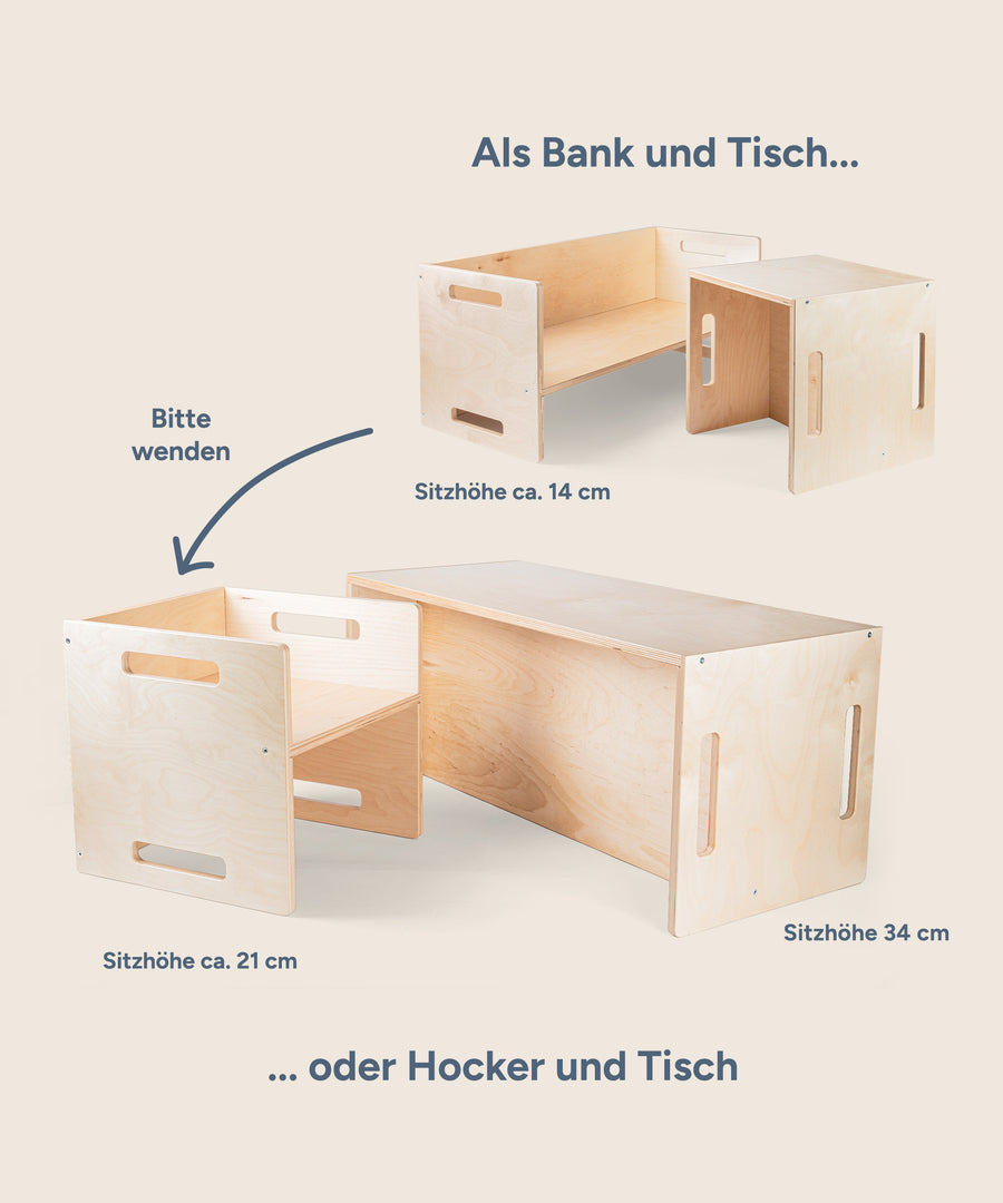 Praktischer 2 in 1 Wendehocker und Wendebank aus Birke, vielseitig als Sitz oder Tisch nutzbar.