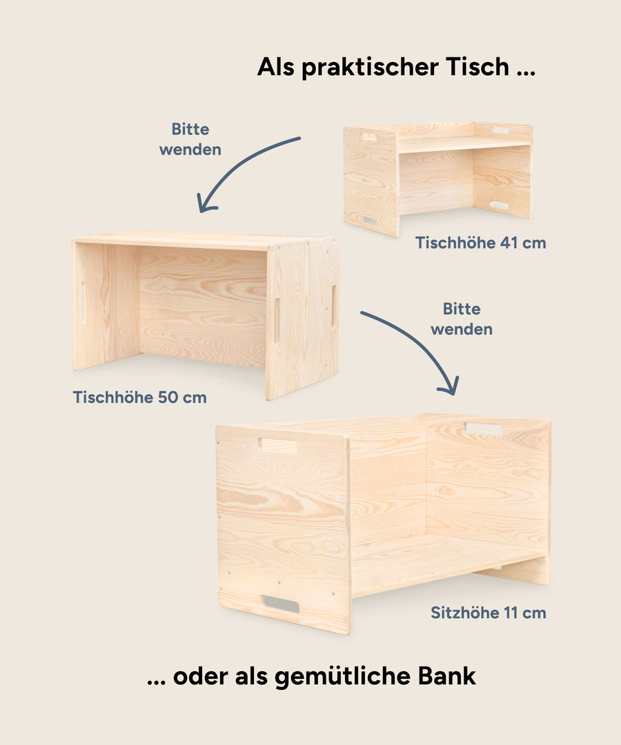 Zeigt wie man den Tisch wenden kann sodass es eine Bank wird.