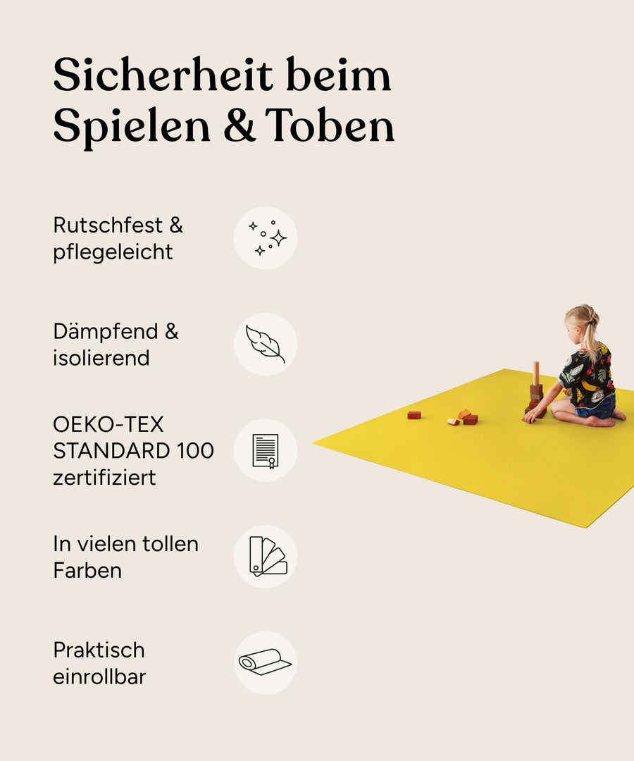 Vorteile Krabbelmatte: Rutschfest und pflegeleicht, dämpfend und isolierend, OEKO-TEX STANDARD 100 zertifiziert, In vielen tollen Farben, Praktisch einrollbar.